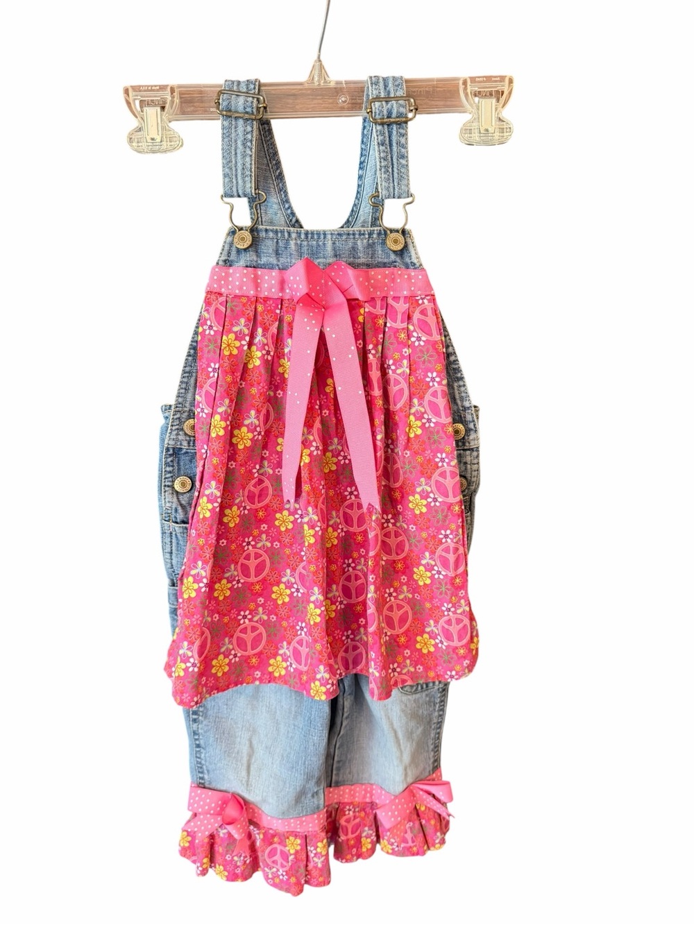 Upcycled Old Navy Denim Overalls Dress Outfit Peace Floral Ruffles 4T